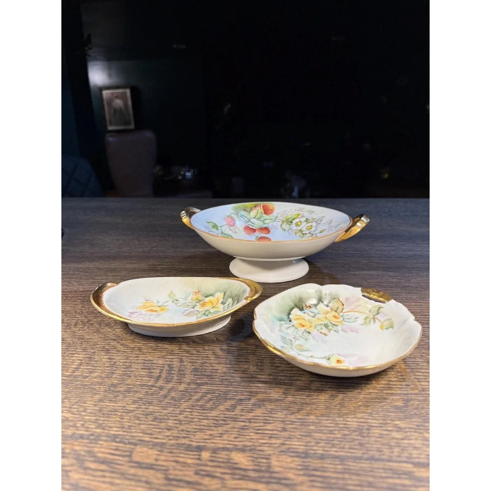 Antique Hand-Painted Porcelain Bowl Trio: B.H. Heinard Floral‎ & Strawberry Set